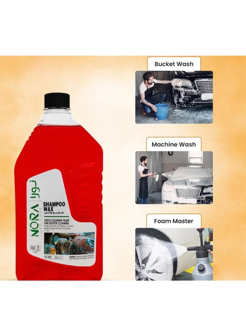 NORA Car Care Shampoo Wax N-205 – 1L (Pack of 2), High Foam Car Wash Shampoo with Wax Protection, pH Balanced, UV Protection, Lemon Fragrance, Safe for Paint, Plastic, Vinyl & Tires, Thick Foaming Formula for Deep Cleaning & Glossy Shine - Image 5